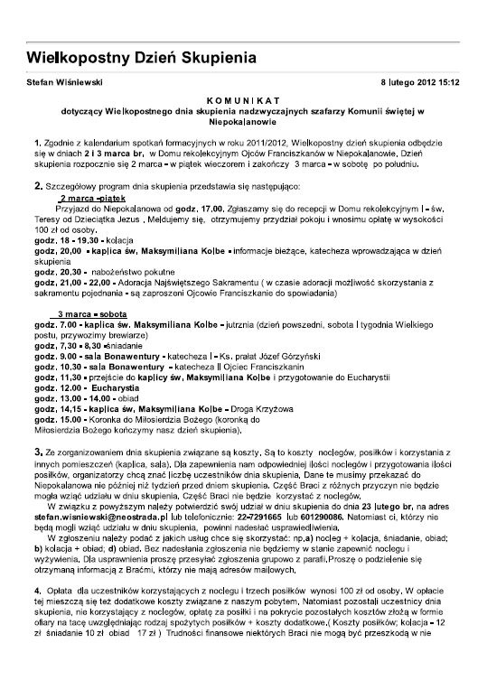 Komunikat Stefana Wi�niewskiego o Wielkopostnym Dniu Skupienia