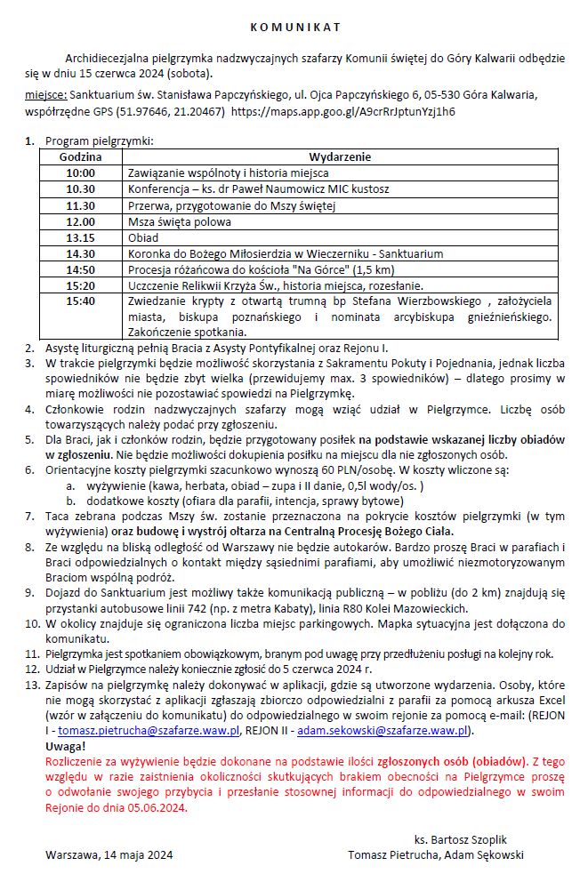 Komunikat ws. pielgrzymki do Gry Kalwarii