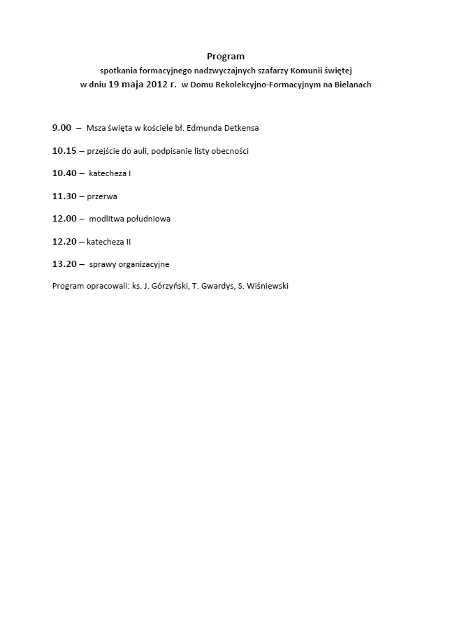 Program spotkania formacyjnego w dniu 19 maja 2012 r.