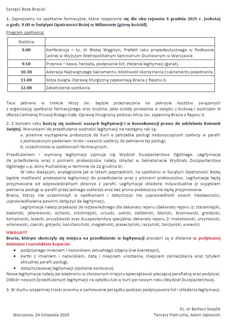 Komunikat ws. spotkania formacyjnego